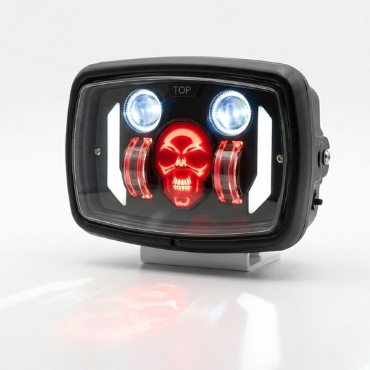 Premium Skull Headlamp for Honda CD70 & CG125 – Aggressive Red Skull DRL with Dual LED Projectors