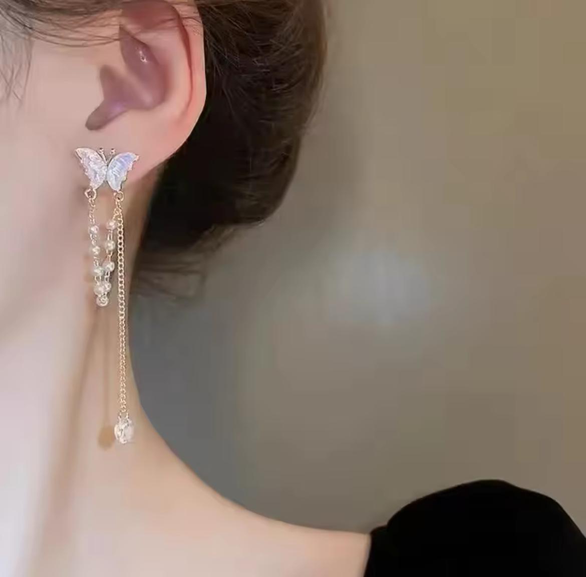Butterfly Pearl Tassels Drop Earrings