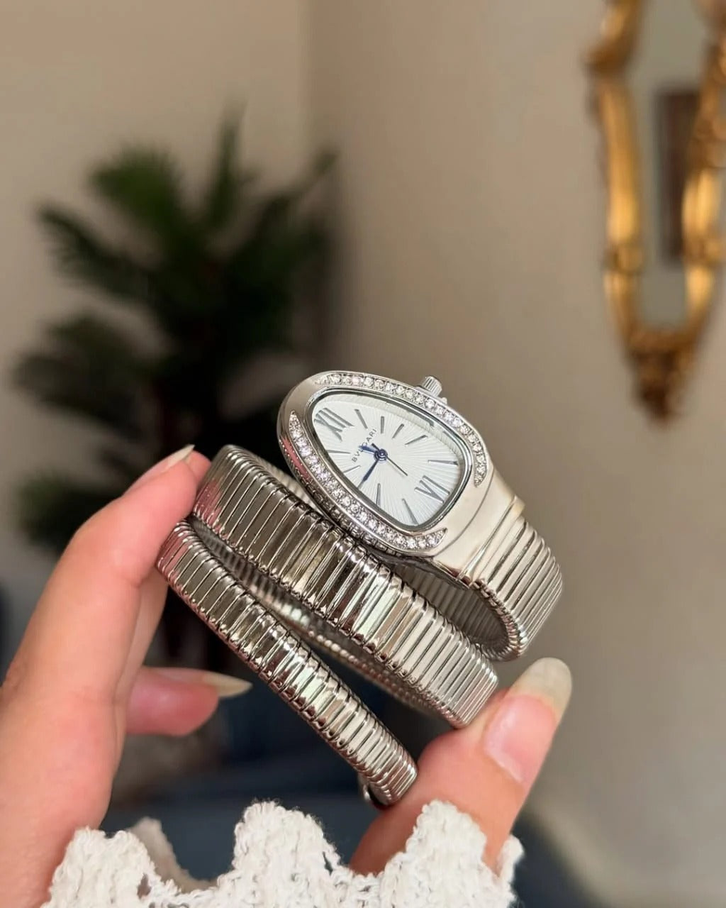 Triple‑Wrap Snake Watch | Diamond‑Set Bezel | Silver