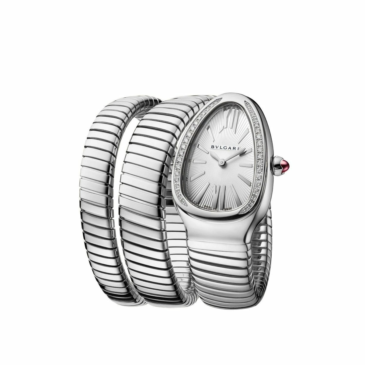 Triple‑Wrap Snake Watch | Diamond‑Set Bezel | Silver